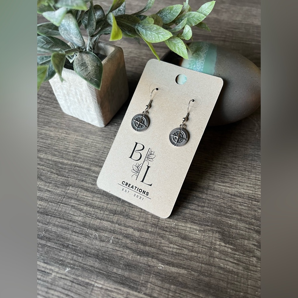Silver Compass Dangle Earrings